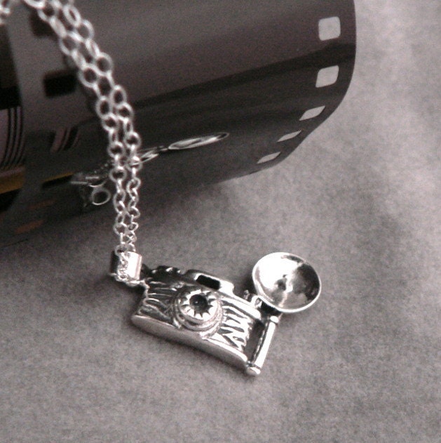 Vintage Camera with Flash necklace sterling silver charm photography jewelry