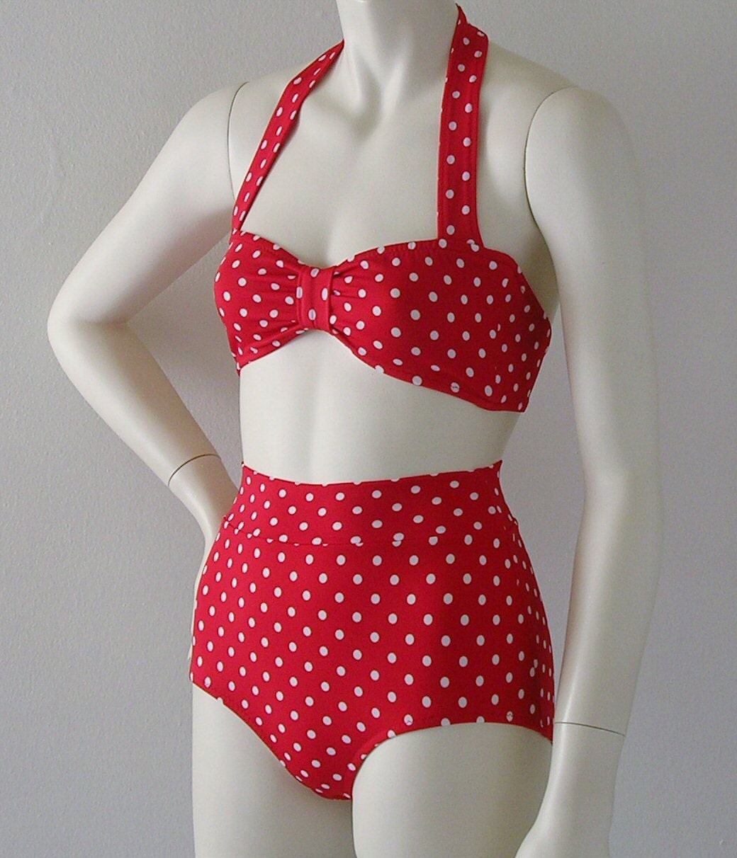 Red Polka Dot Retro Bandeau and High Waist Bikini in S.M.L.XL