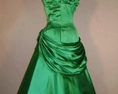 Vintage 50s Emerald GREEN SILK draped Holiday Christmas party dress VLV