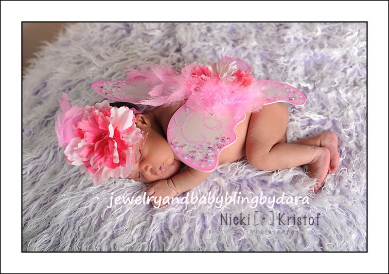 Pink White Jeweled Butterfly Angel Wings Headband Set  Flowers Feathers Swarovski Crystal Accents - Incredible Photo Prop