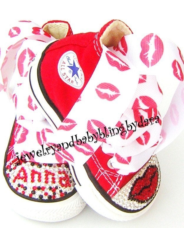 Infant Toddler RED KISSY LIPS AND PERSONALIZED NAME Bling Crystal Red All Star Converse HiTop Sneakers Shoes
