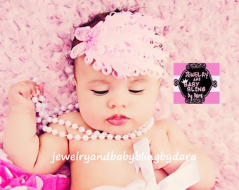 Custom Boutique Stunning Pink and White Feather Butterfly Glitter Headband Fits Infants to Adults