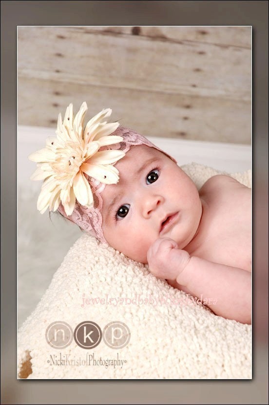 Cream Pink Gerbera Daisy Swarovski Crystal Center Pink Lace Headband Fits Infants Teens Tweens and Adults