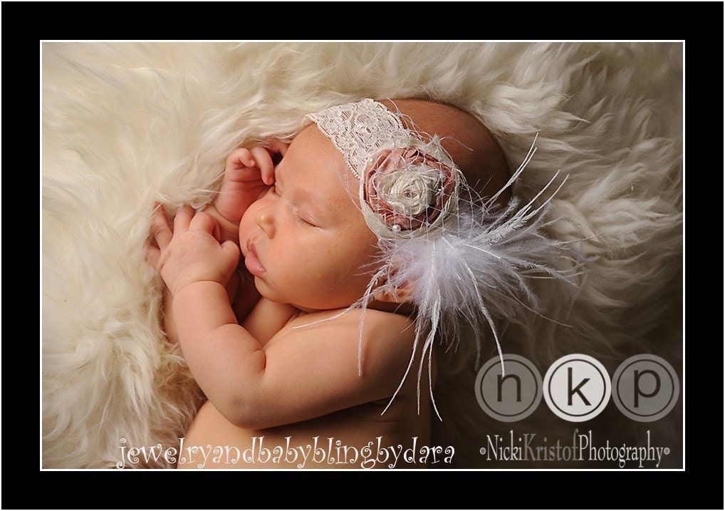 Raw Silk Handmade Lace Headband with Swarovski Crystal Pearls Crystal Curly Ostrich Feathers and French Tulle Baby Infant Toddler Girl Adult