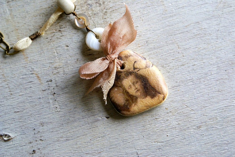 Irish Beach Stone Pendant with Vintage Photograph -- Handmade in Ireland
