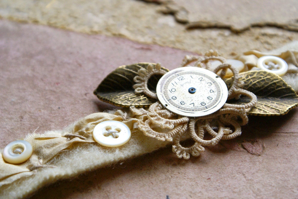 Mixed Media Assemblage Bracelet with Vintage Watch Face, Buttons, and Lace -- Handmade in Ireland