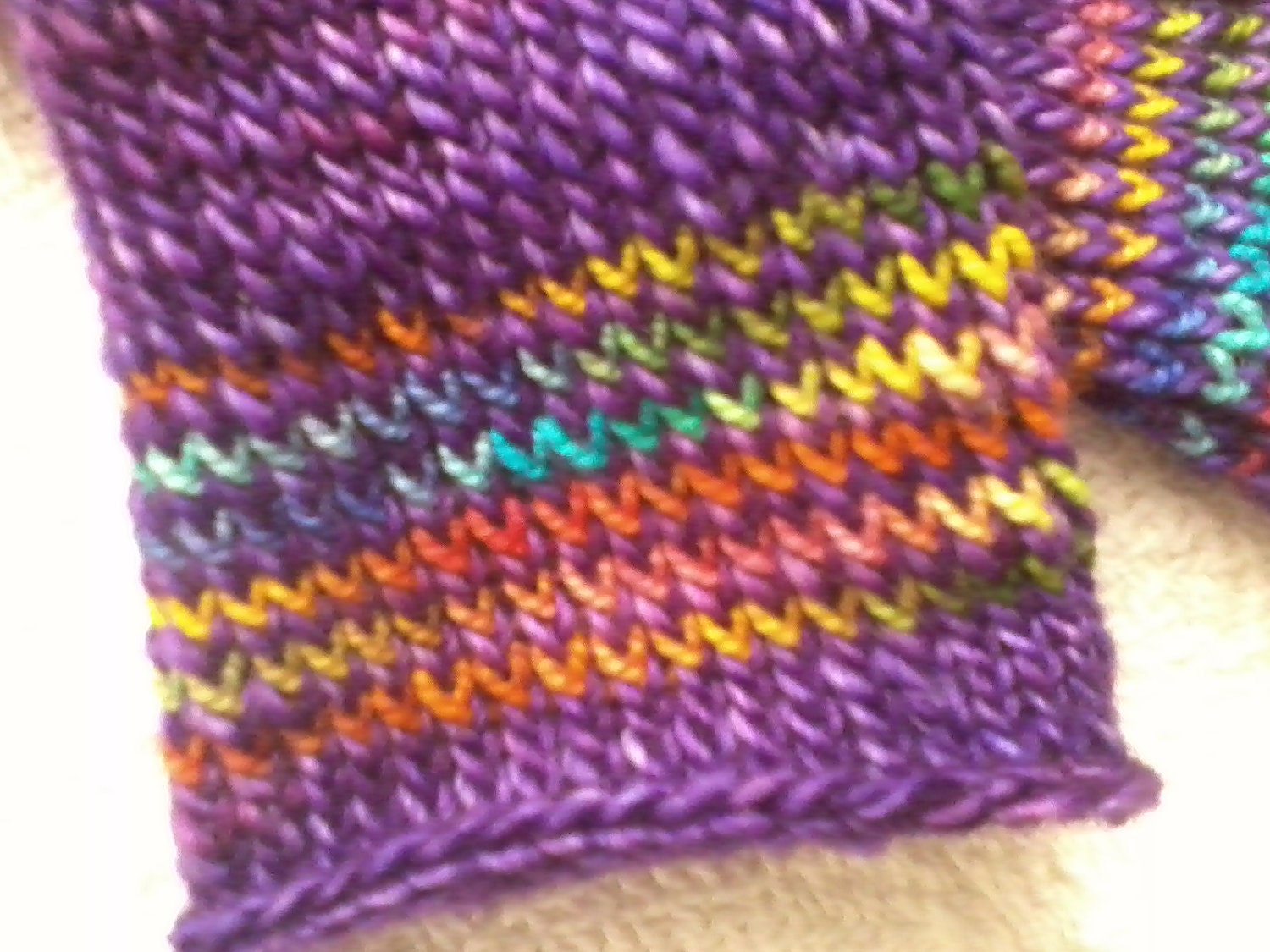 fingerless gloves - purple wool with rainbow stripe - red, yellow, orange, green, pink, and blue