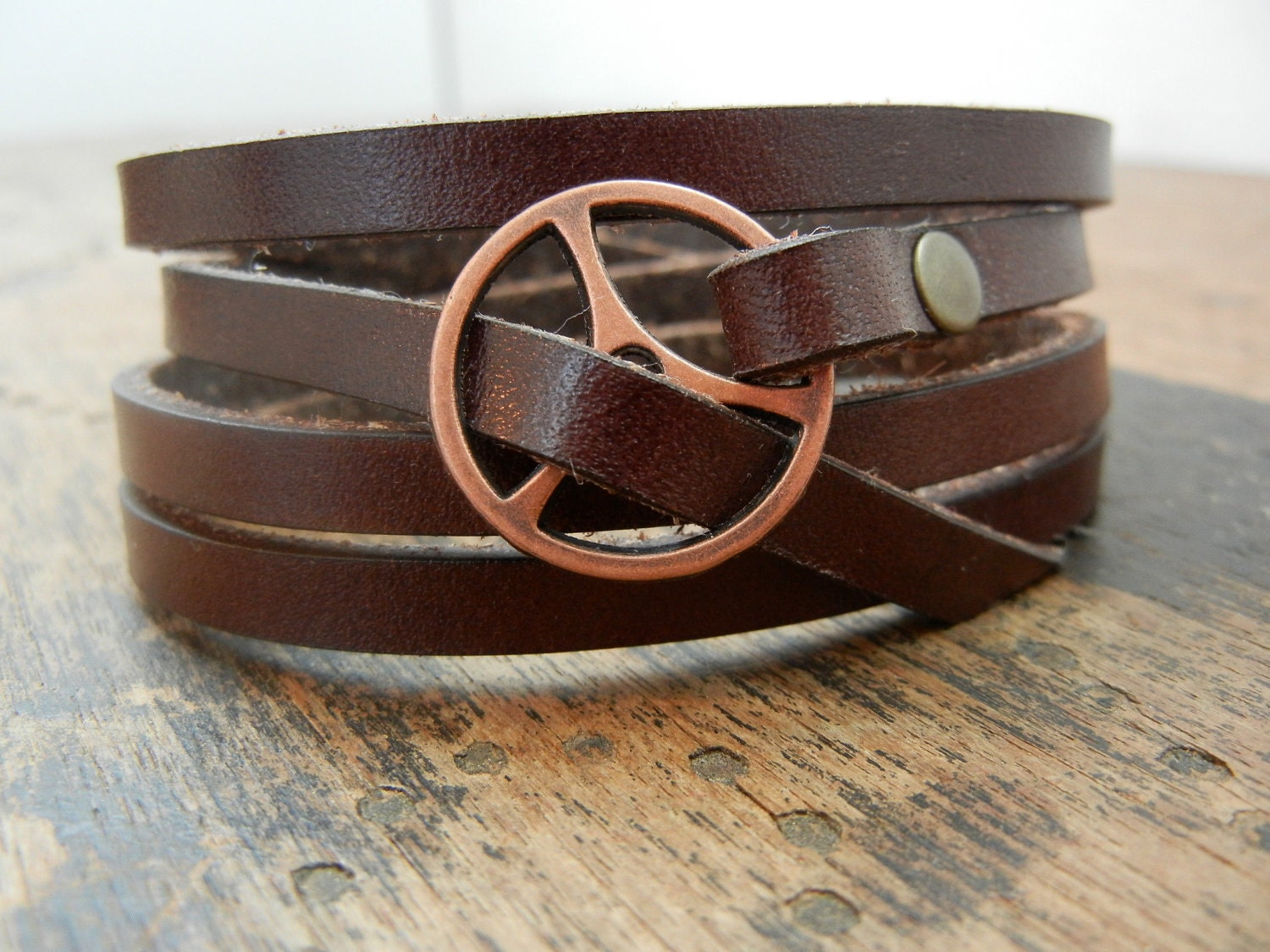 Leather Wrap Bracelet in Brown leather with small copper buckle