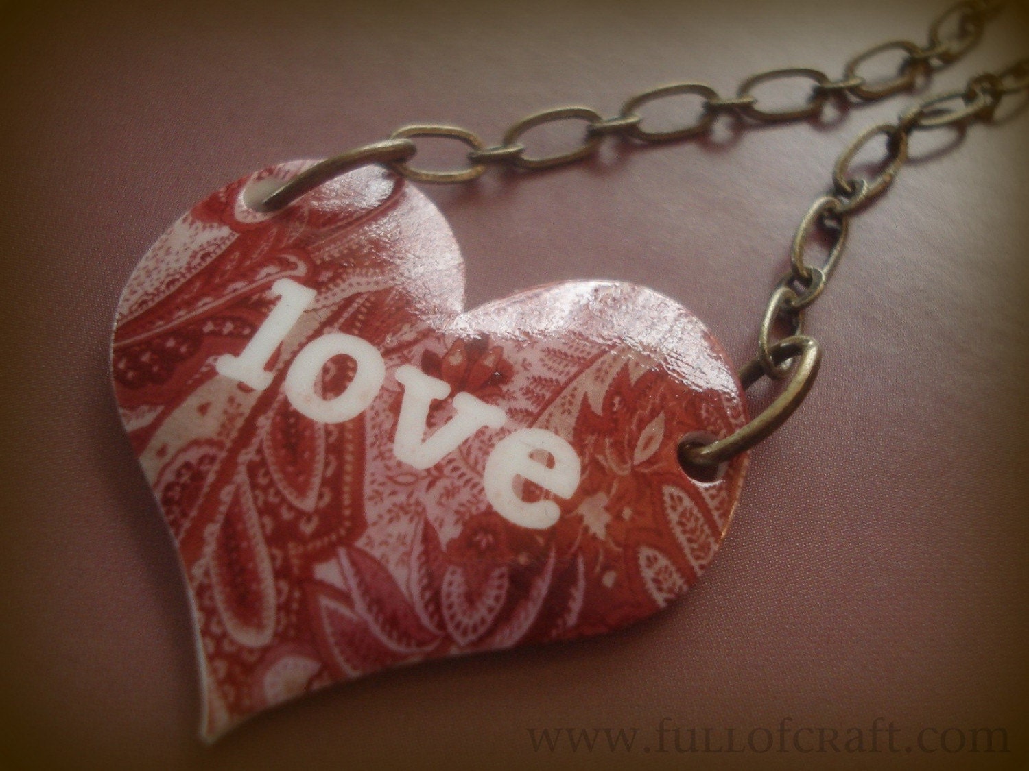 Valentines Necklace Love Heart w/ Brass Chain 19 Inches SHIPS WORLDWIDE