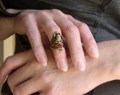 Winged Scarab Armor Ring  Knuckle Ring Neo Egyptian Design with Vintage Glass Ruby Stone ONE ring