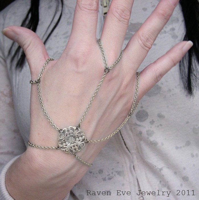Filigree Statement Slave Bracelet  Hand Jewelry Silver Tone