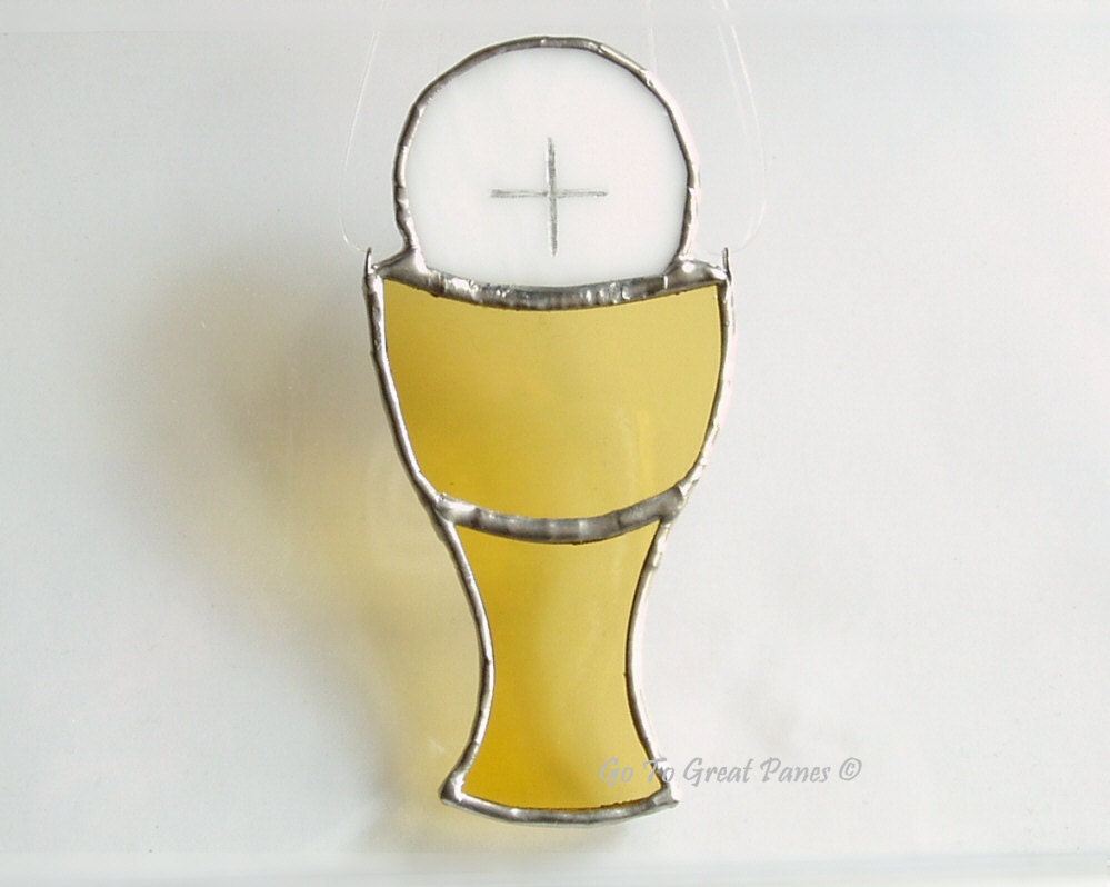 First Holy Communion Gift--Chalice w/ Host Stained Glass SunCatcher, Handmade Religious Gift, White and gold