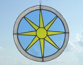Renaissance - Medieval Stained Glass Sun, large round suncatcher, blue white and yellow