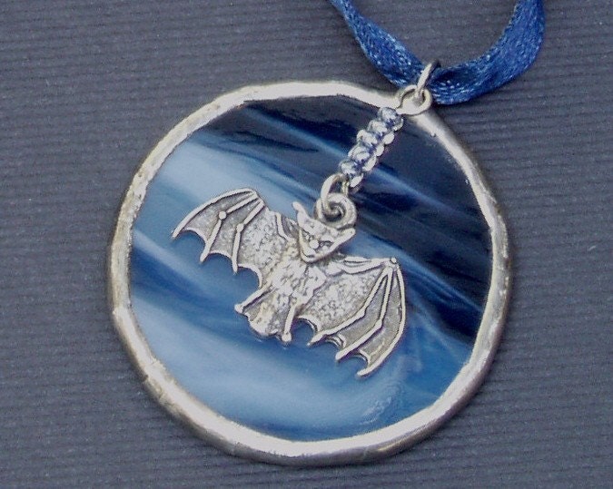 Bat w Blue Moon Pendant, Stained Glass Necklace, Handmade Gothic Necklace, made to order stained glass jewelry, Halloween Jewelry