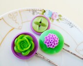 Button Flower Bobby Pin Set in Lavender and Lime Green