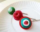 Bobby Pin Set Made With Vintage Buttons, Women's Fashion Hair Accessories, Strawberry Delight in Red Green White