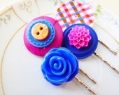 Women's Hair Accessories Set, Button Bobby Pins, Rockin' Plaid Flowers in Pink Orange Blue