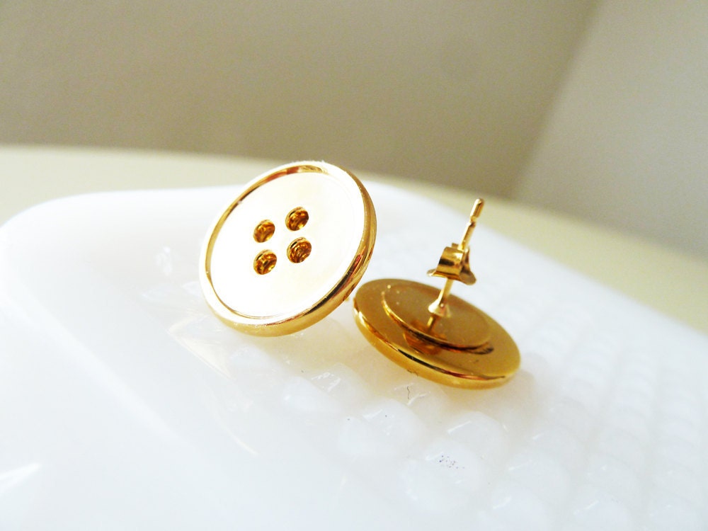 Post Earrings Made From Vintage Sewing Buttons in Gold Metal