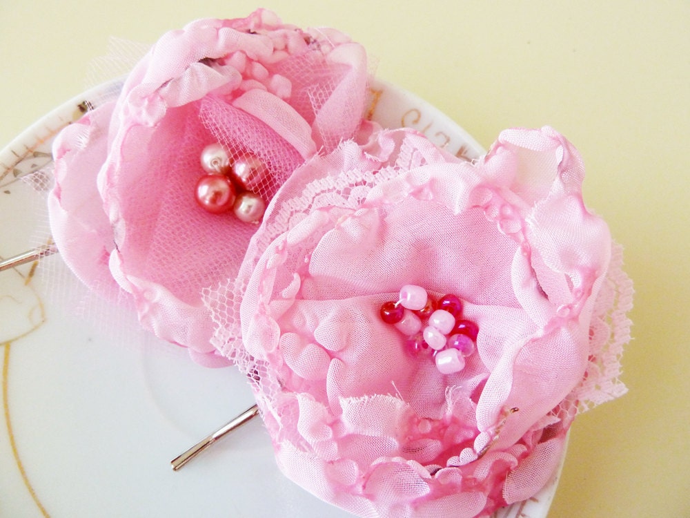 Chiffon Fabric Flower Hair Pins, Blushing Princess Pink No.9