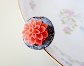 Button Ring, Starry Night Flower Button Ring in Black Glitter and Peach Orange