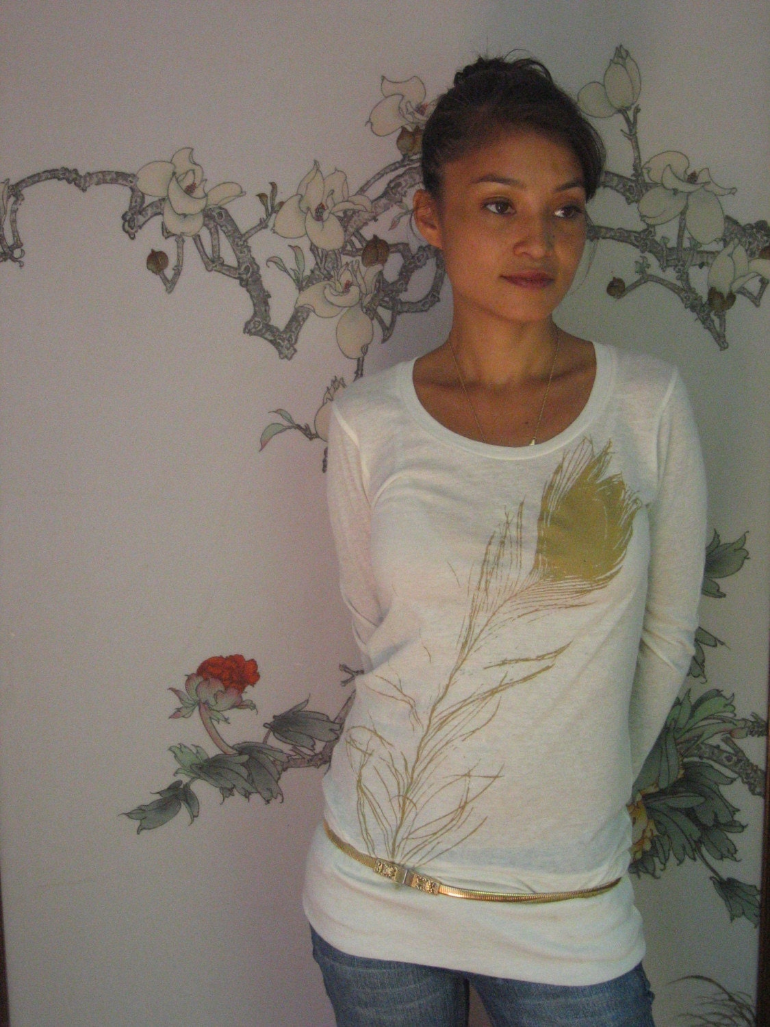 gauze gold peacock long sleeve t-shirt