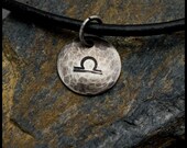 Libra - Hammered Sterling Zodiac Pendant on Black Leather Necklace
