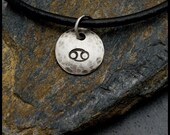 Cancer - Hammered Sterling Zodiac Pendant on Black Leather Necklace