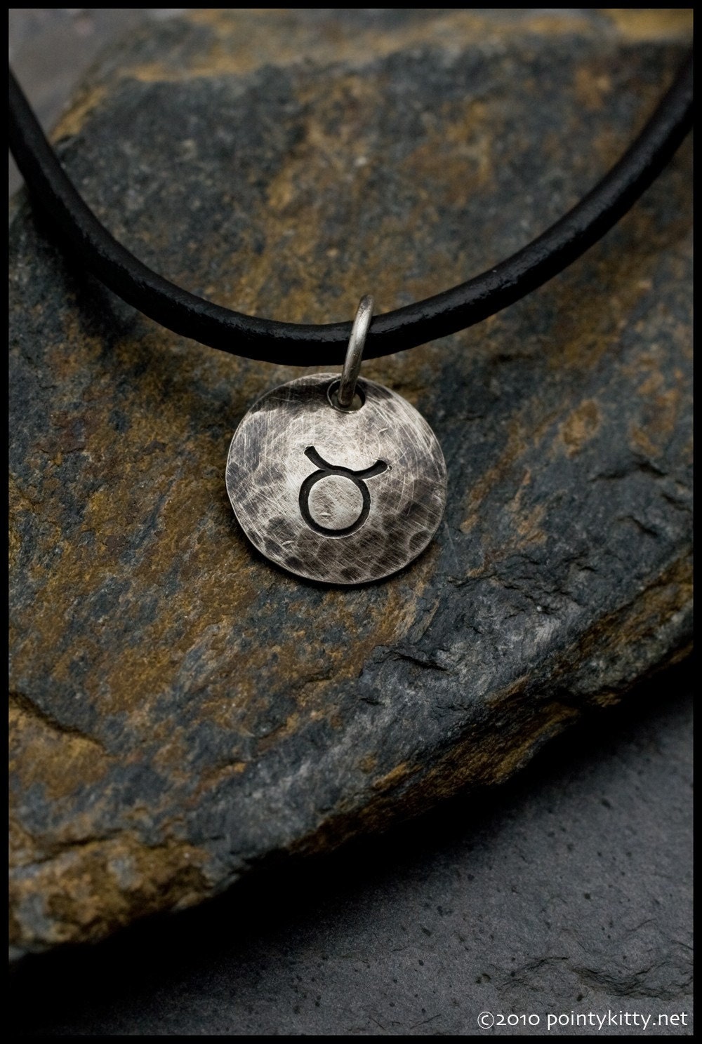 Taurus - Hammered Sterling Zodiac Pendant on Black Leather Necklace