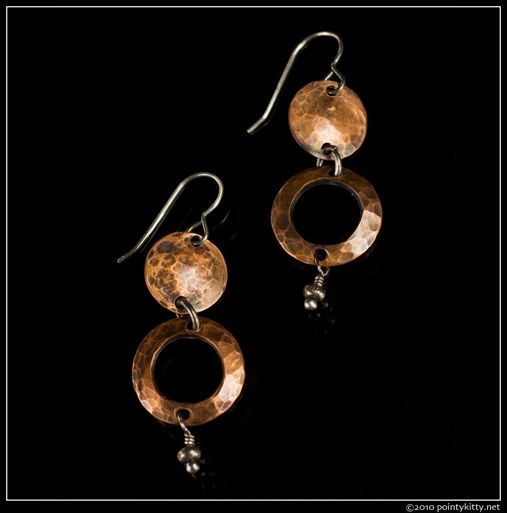 Zoey - recycled sterling silver and copper hand-hammered disc drop earrings