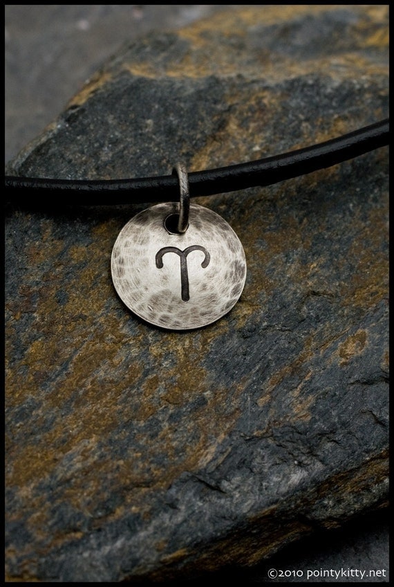 Aries - Hammered Sterling Zodiac Pendant on Black Leather Necklace