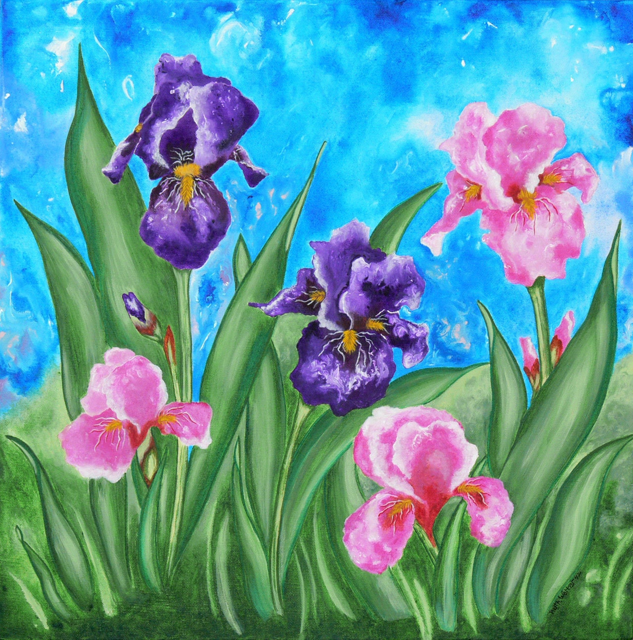 Original Acrylic Iris Painting " Bearded Iris Garden " On Gallery Canvas By Ruth Welter