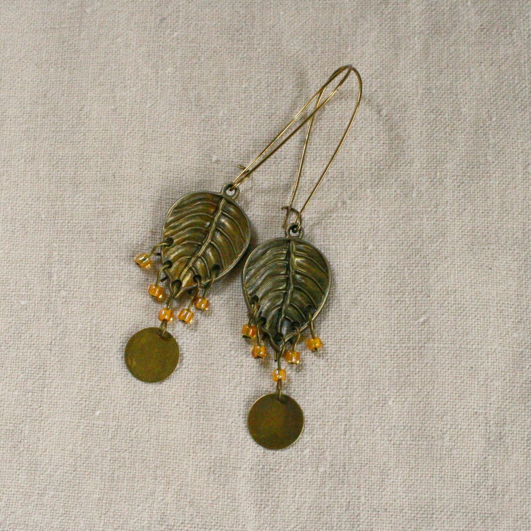 Leaf antiqued brass leaves and yellow bead earrings