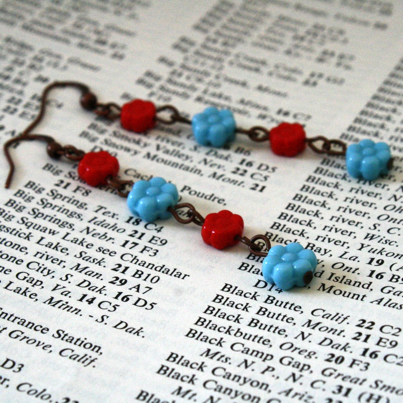Sunny red and turquoise flower earrings