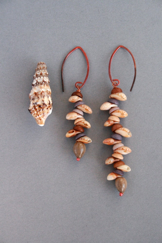mismatched earrings with copper, shells and natural seeds - rokdarbi
