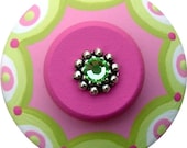 Pink and Green Scallop Polka Dots Swarovski Crystal Jeweled Handpainted Wood Drawer Pull Knob