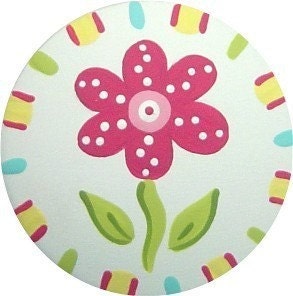 Pink Flower with Multi Color Checks Handpainted Wood Drawer Pull Knob