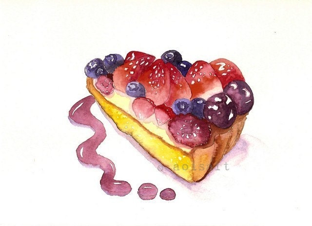 Berries and Cream Cake Slice - Original Watercolor Painting - Sweet Kitchen Food Art