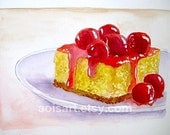 Original Watercolor Art Painting - Vanilla Cake with Cherries On Top