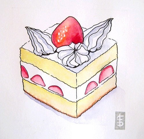 Vanilla Strawberry cake Original Watercolor - Food Kitchen Art Illustration