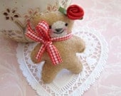 SALE Handmade Felt Teddy Bear - Valentine's Day Red Rose Pocket Miniature Buddy Bear Toy