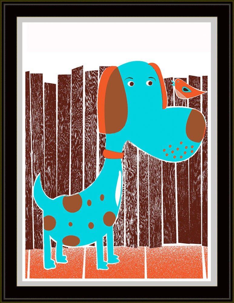 Bird Dog & Bird Modern Nursery Art - hand screen printed art print poster