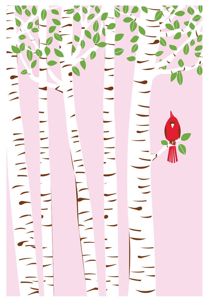 Screenprint Cardinal Art Poster - Summer Cardinal Print - Birch Trees & Red Bird Art Silkscreen Print