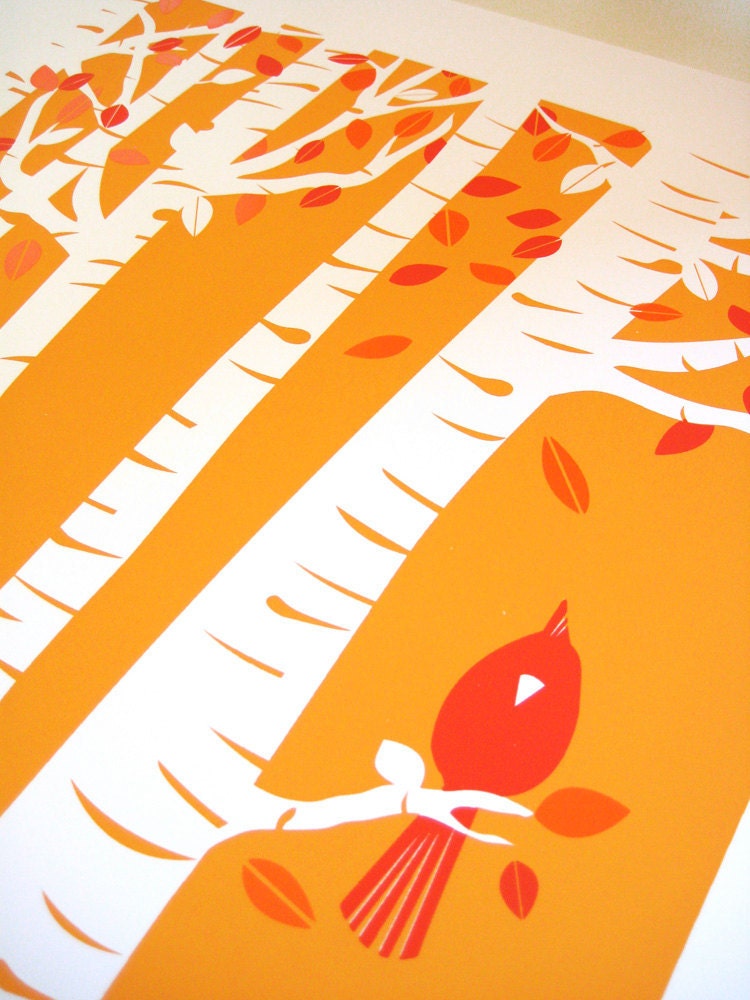 Screenprint Art Print Poster Autumn Cardinal - Fall Birch Trees with Leaves & Red Bird Art Print Poster