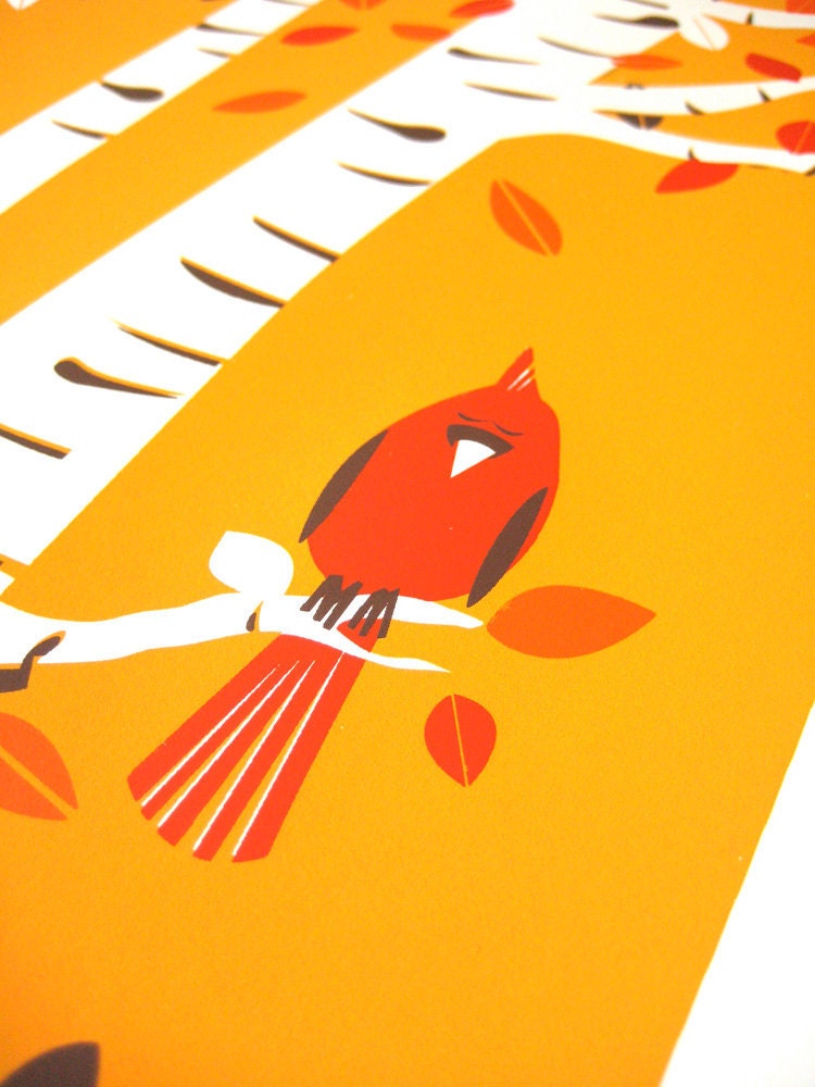 Screenprint Poster Set - Cardinal Bird Seasons & Birch Trees Art Print Posters - 4 Seasons Print Set