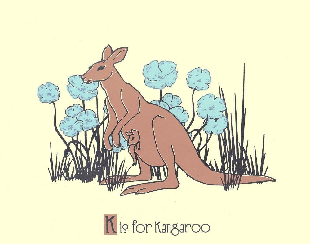 K is for Kangaroo Screenprint - Nursery Art Alphabet Print -  Silkscreen Animal Art Print Poster Kids Wall Art