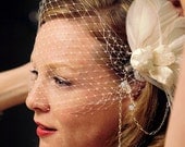 Ivory Birdcage Veil  vintage hollywood - glam wedding - bridal veil - feather fascinator -ethical feathers - custom wedding