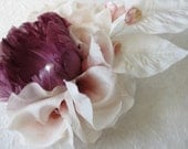 feather rose - custom work example - fascinator -wedding headpiece - mauve - pale pink - champagne ruffles - anthropologie inspired