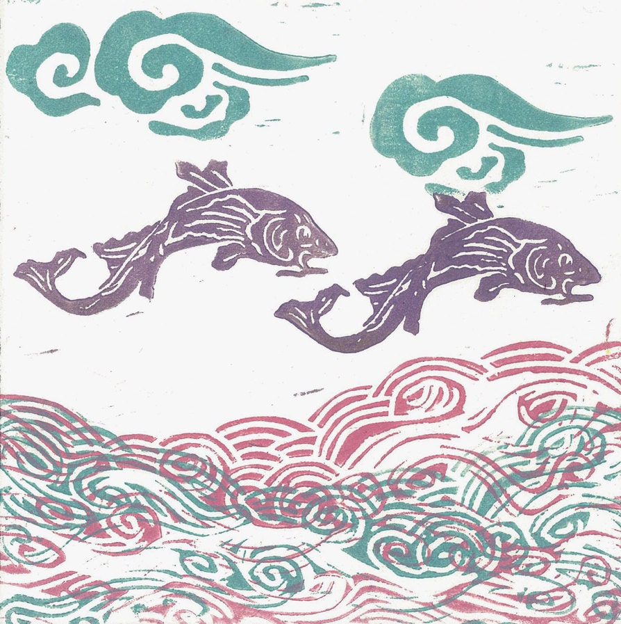 LINOCUT CHILDREN'S ART -  Purple Flying Fish -Linocut Relief Monoprint