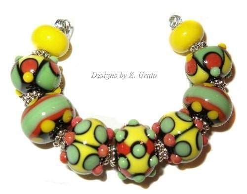 Lampwork beads - Rainforest Brights - handmade glass bead set by K. Urato SRA