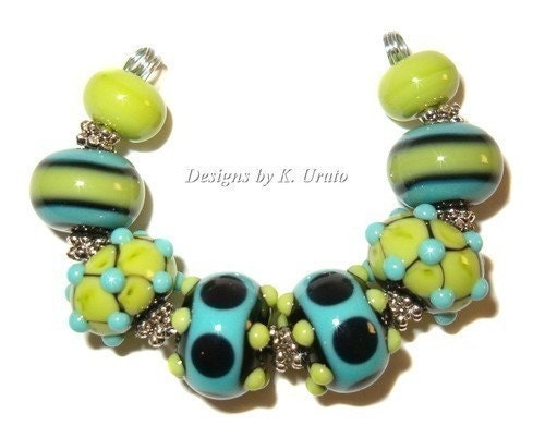 Lampwork beads - Turquoise and Lime 2 - handmade glass bead set by K. Urato SRA